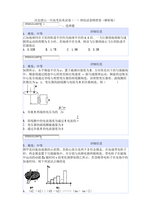 河北唐山一中高考仿真试卷(一)理综试卷物理卷(解析版)