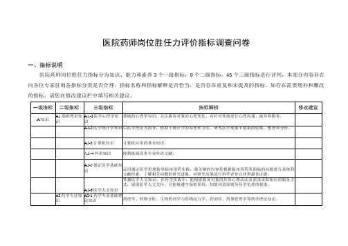 医院药师岗位胜任力指标调查问卷