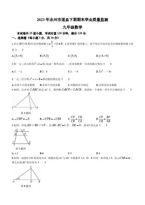 2023-2024学年湖南省永州市道县九年级上学期期末数学试卷及参考答案