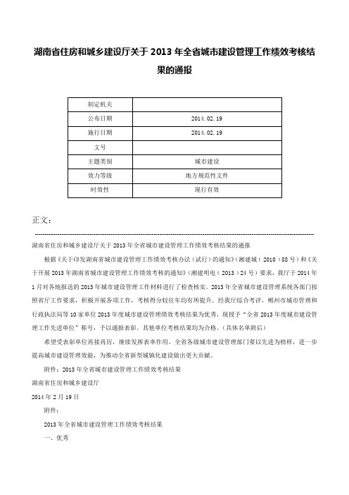 湖南省住房和城乡建设厅关于2013年全省城市建设管理工作绩效考核结果的通报-_1