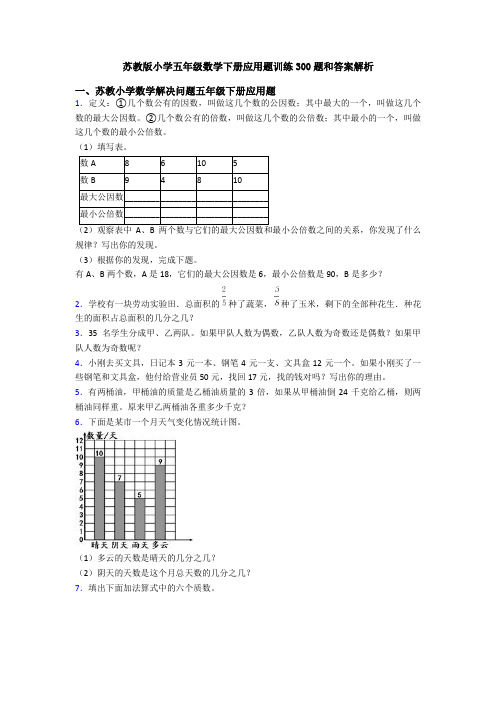 苏教版小学五年级数学下册应用题训练300题和答案解析