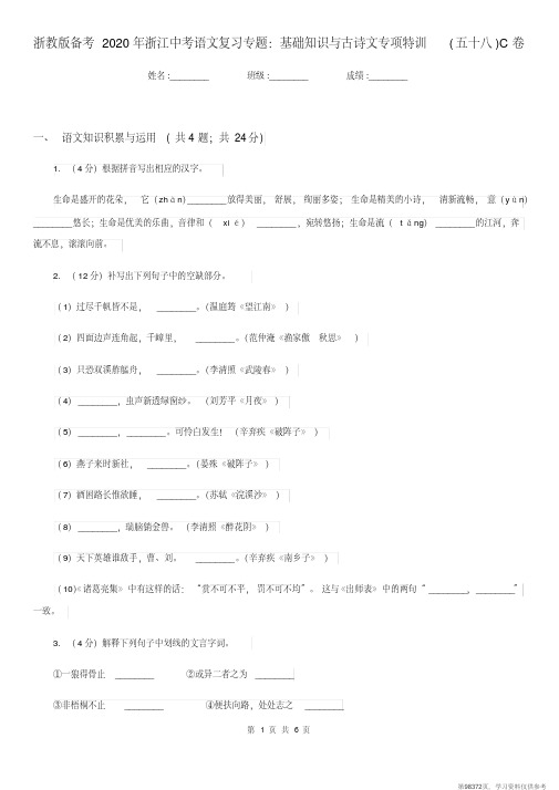 (精品文档)浙教版备考2020年浙江中考语文复习专题：基础知识与古诗文专项特训(五十八)C卷