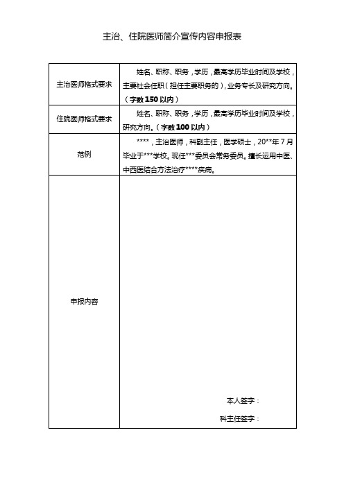 主治、住院医师简介宣传内容申报表