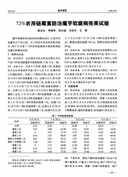 72%农用链霉素防治魔芋软腐病效果试验