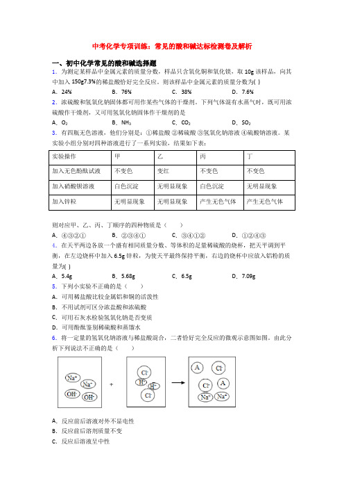 中考化学专项训练：常见的酸和碱达标检测卷及解析