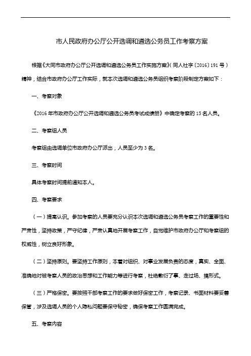 干部考察方案 市人民政府办公厅公开选调和遴选公务员工作考察方案