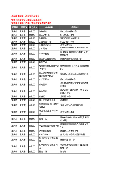 新版重庆市重庆市渝北区商场企业公司商家户名录单联系方式地址大全67家