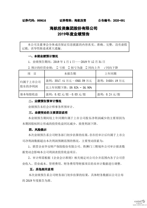 海航投资：2019年度业绩预告