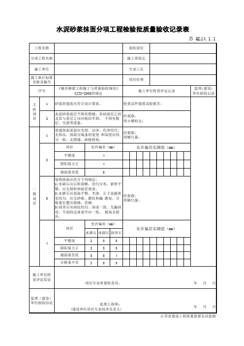 水泥砂浆抹面分项工程检验批质量验收记录表