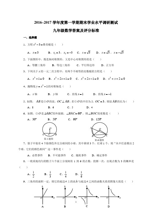 16-17第一学期期末测试9年级数学答案