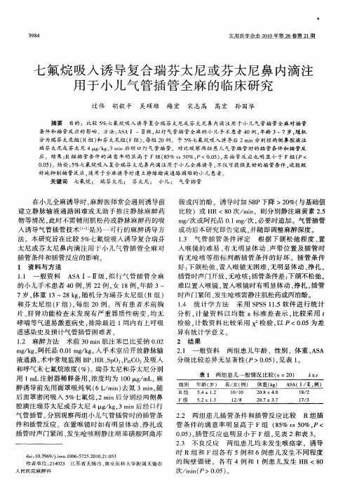 七氟烷吸入诱导复合瑞芬太尼或芬太尼鼻内滴注用于小儿气管插管全麻的临床研究