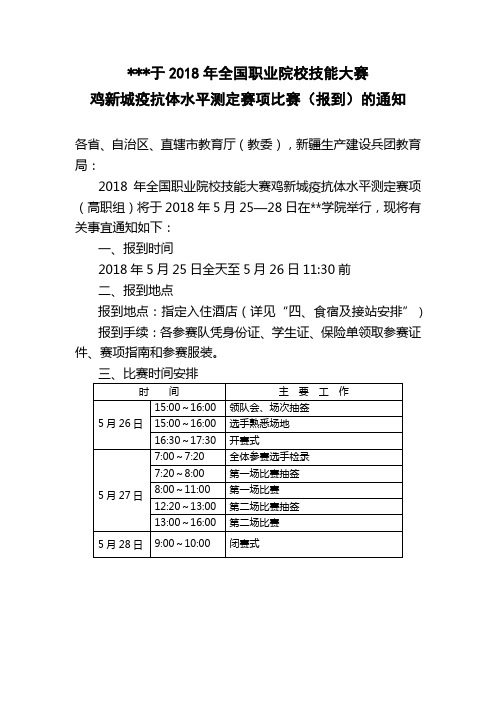 关于2018年全国职业院校技能大赛鸡新城疫抗体水平测定赛项比赛(报到)的通知【模板】