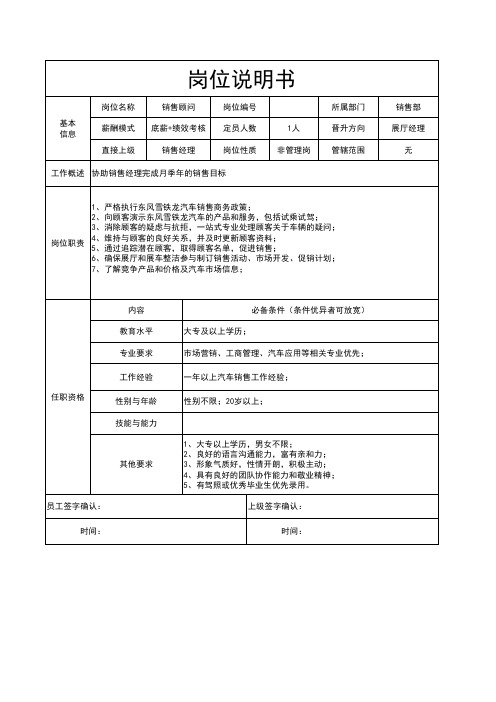 4S店销售顾问岗位职责说明书