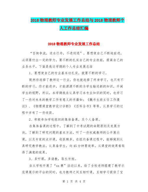 2018物理教师专业发展工作总结与2018物理教师个人工作总结汇编.doc