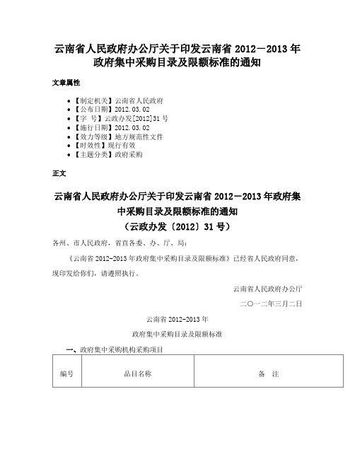 云南省人民政府办公厅关于印发云南省2012－2013年政府集中采购目录及限额标准的通知