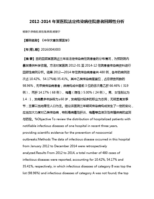 2012-2014年某医院法定传染病住院患者回顾性分析