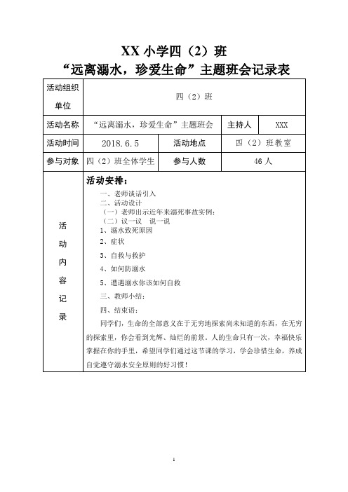 “远离溺水,珍爱生命”主题班会记录表