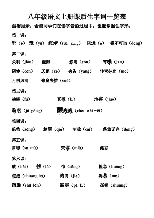 八年级语文上册课后生字词一览表