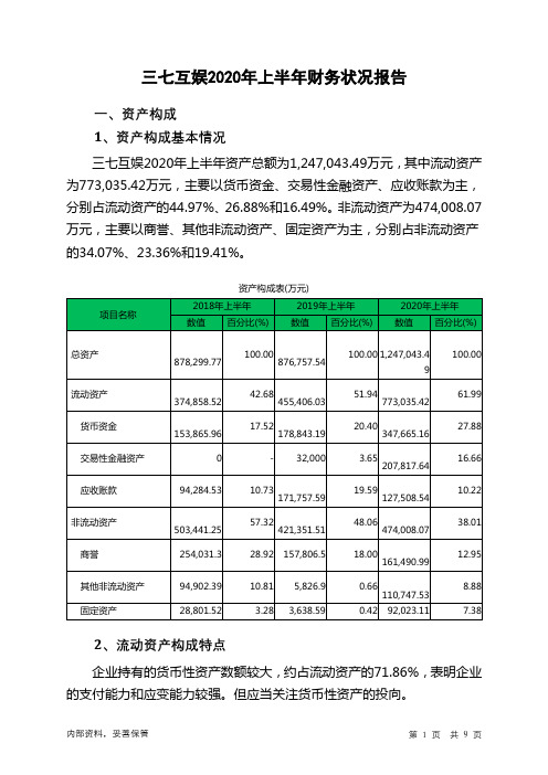 三七互娱2020年上半年财务状况报告