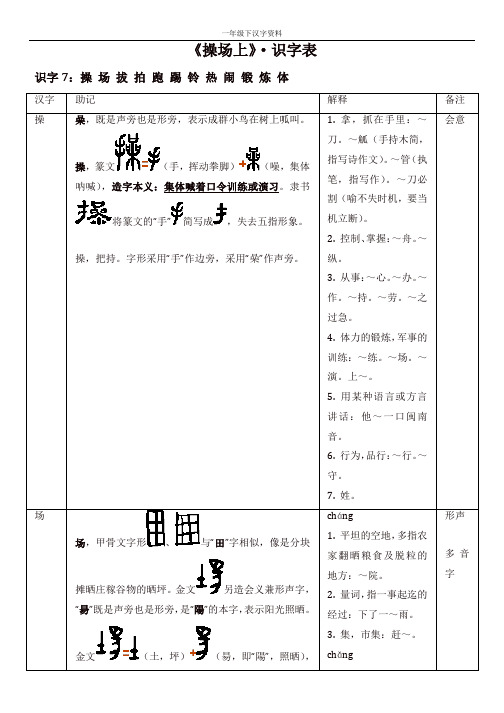 人教部编版一年级语文下册第五单元《操场上》识字表