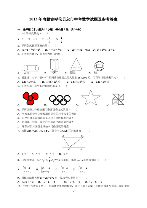 2013年内蒙古呼伦贝尔市中考数学试题及参考答案(word解析版)