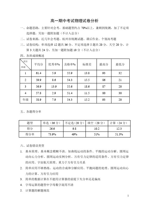 高一期中考试物理试卷分析