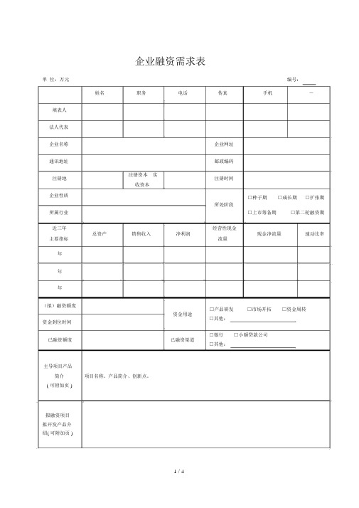 企业融资需求表