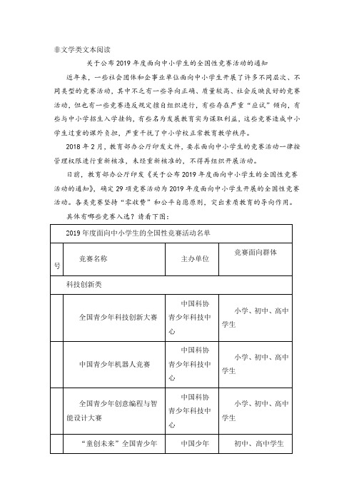 《关于公布2019年度面向中小学生的全国性竞赛活动的通知》阅读练习及答案