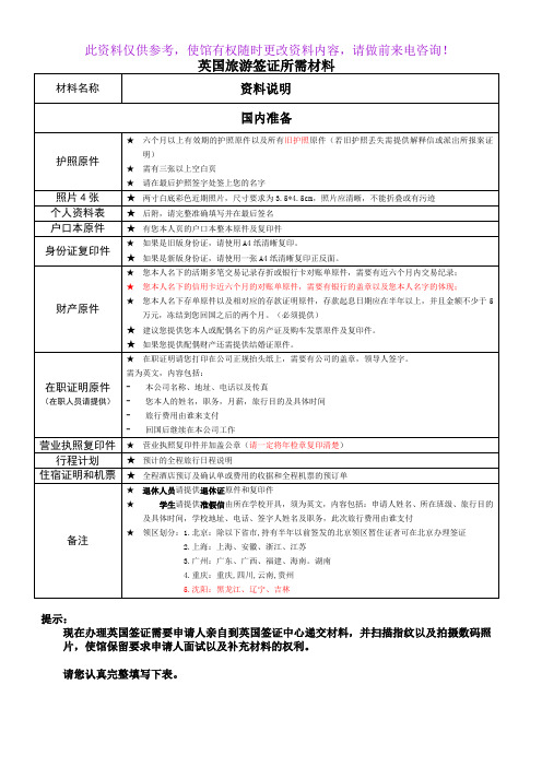 英国旅游签证所需材料-沈阳领区