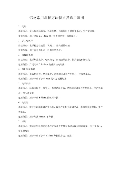 铝材常用焊接方法特点及适用范围