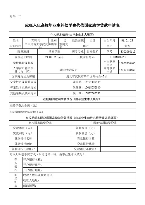 应征入伍高校毕业生补偿学费代偿国家助学贷款申请表