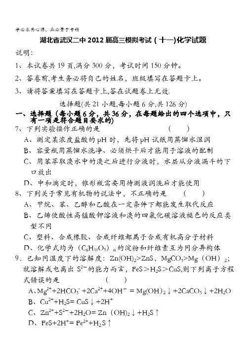 湖北省武汉二中2012届高三模拟考试(十一)化学试题