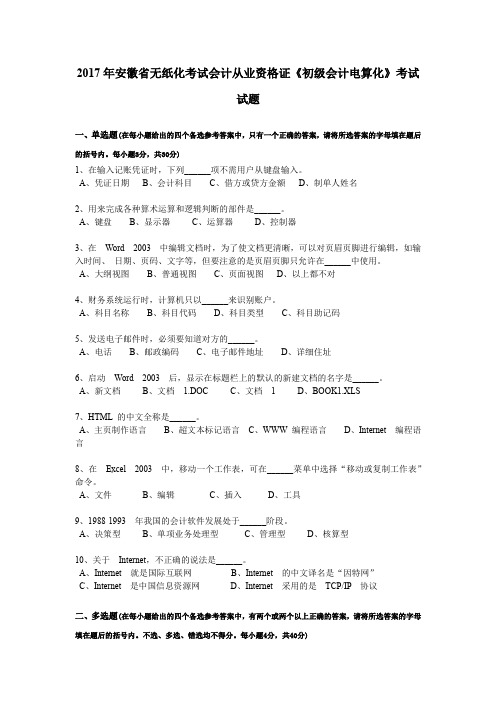 2017年安徽省无纸化考试会计从业资格证《初级会计电算化》考试试题