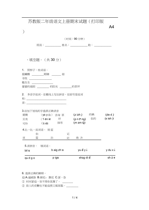 苏教版二年级语文上册期末试题(打印版A4)