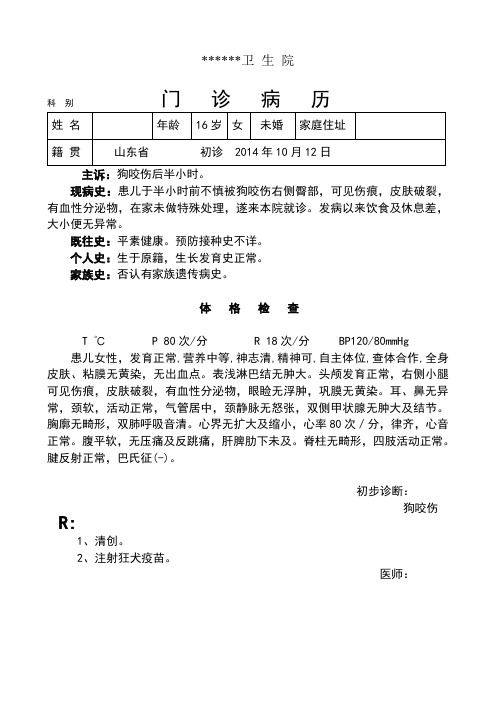 犬咬伤门诊病历