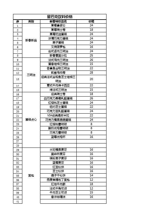 星巴克甜点价格表