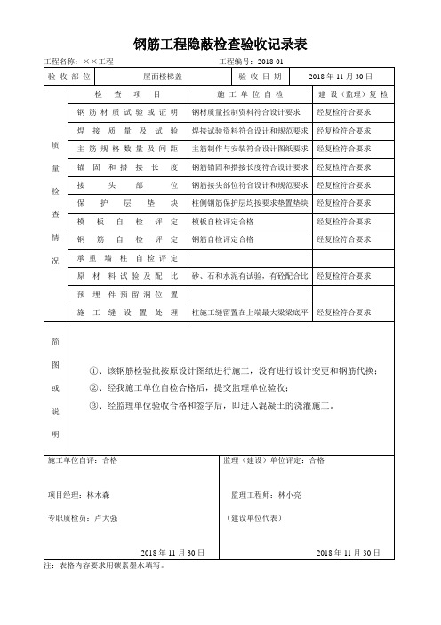 钢筋工程隐蔽检查验收记录表