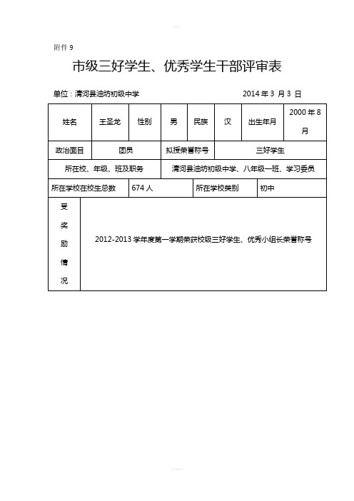 市三好学生评审表