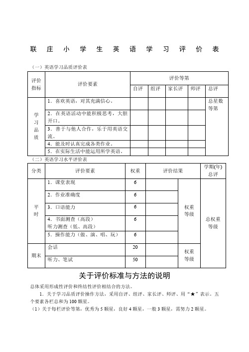 小学生英语学习评价表