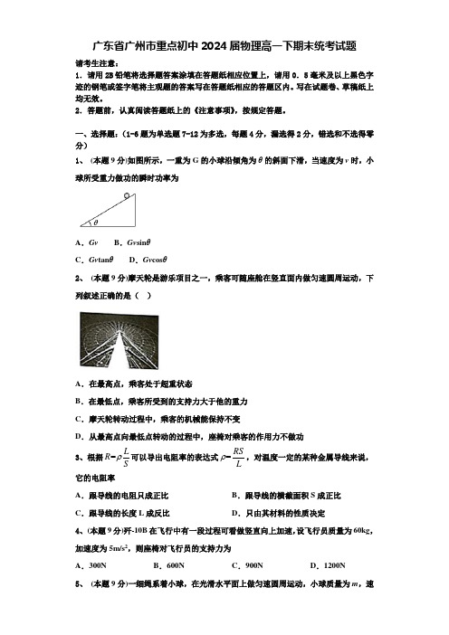 广东省广州市重点初中2024届物理高一下期末统考试题含解析