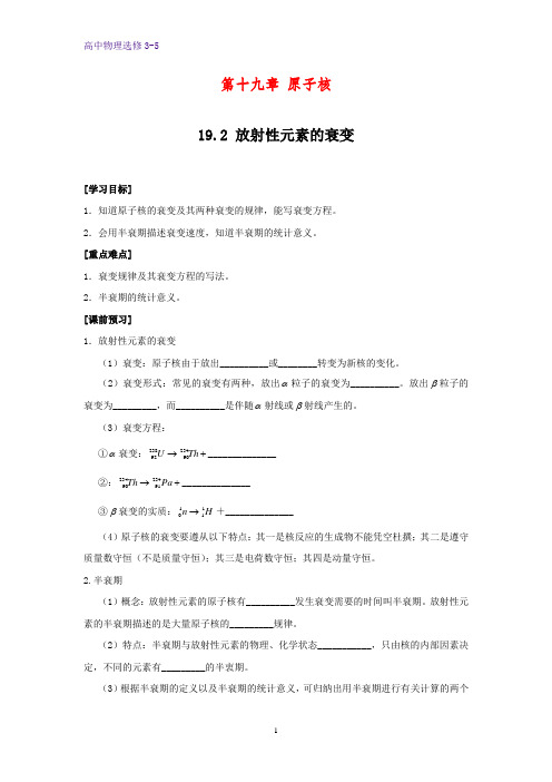 高中物理选修3-5学案1：19.2 放射性元素的衰变