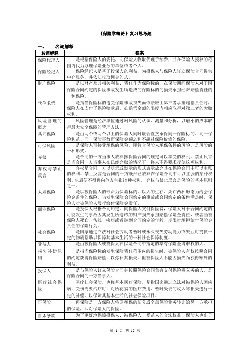 保险学概论复习思考题及参考答案.概要