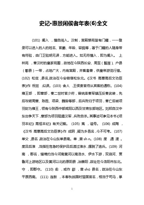 史记·惠景闲侯者年表(6)全文