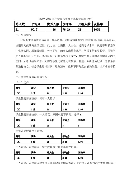 2019-2020第一学期六年级期末数学试卷分析