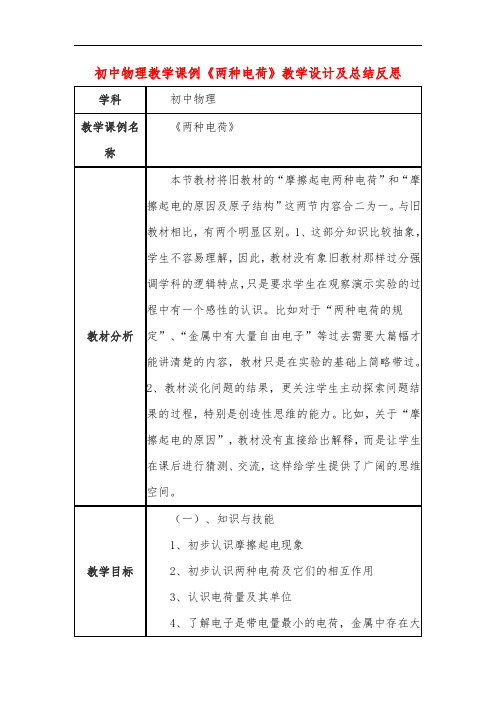 初中物理教学课例《两种电荷》课程思政核心素养教学设计及总结反思