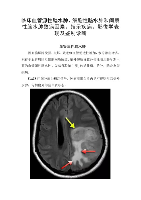 临床血管源性脑水肿、细胞性脑水肿和间质性脑水肿致病因素、指示疾病、影像学表现及鉴别诊断