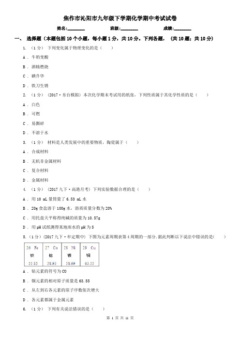 焦作市沁阳市九年级下学期化学期中考试试卷