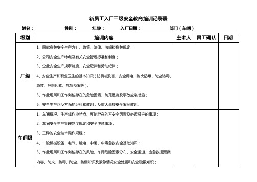 新员工三级安全教育培训记录表