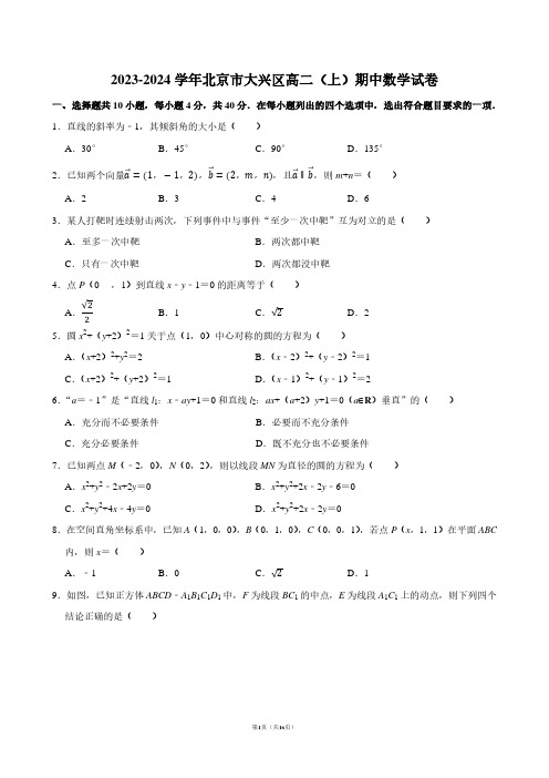 2023-2024学年北京市大兴区高二(上)期中数学试卷【答案版】