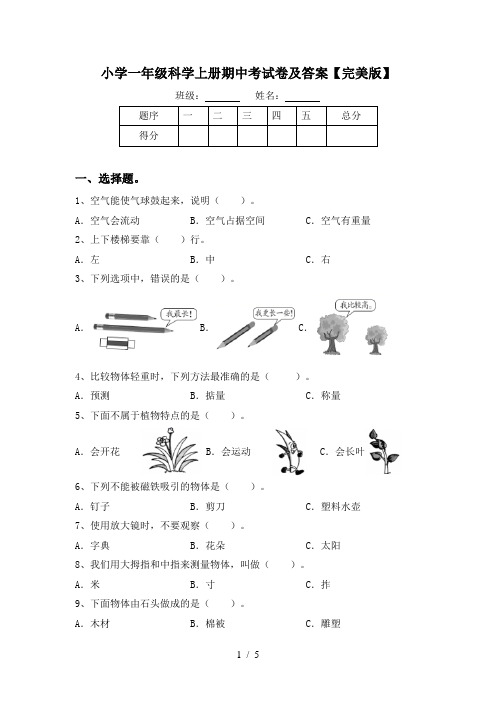 小学一年级科学上册期中考试卷及答案【完美版】